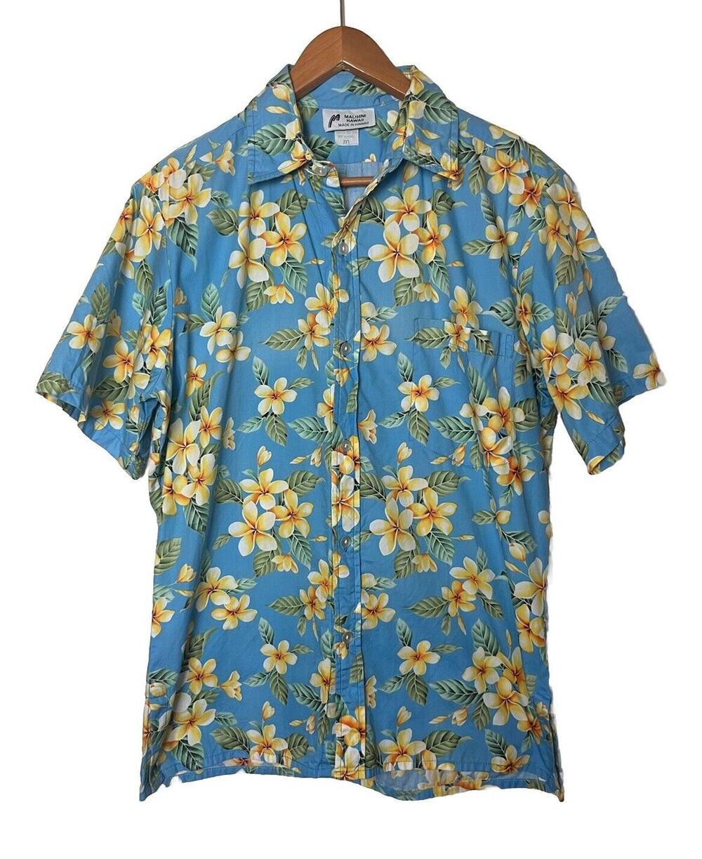 Vintage Malihini Hawaii Blue Plumeria Floral Hawaiian Shirt Men’s Medium